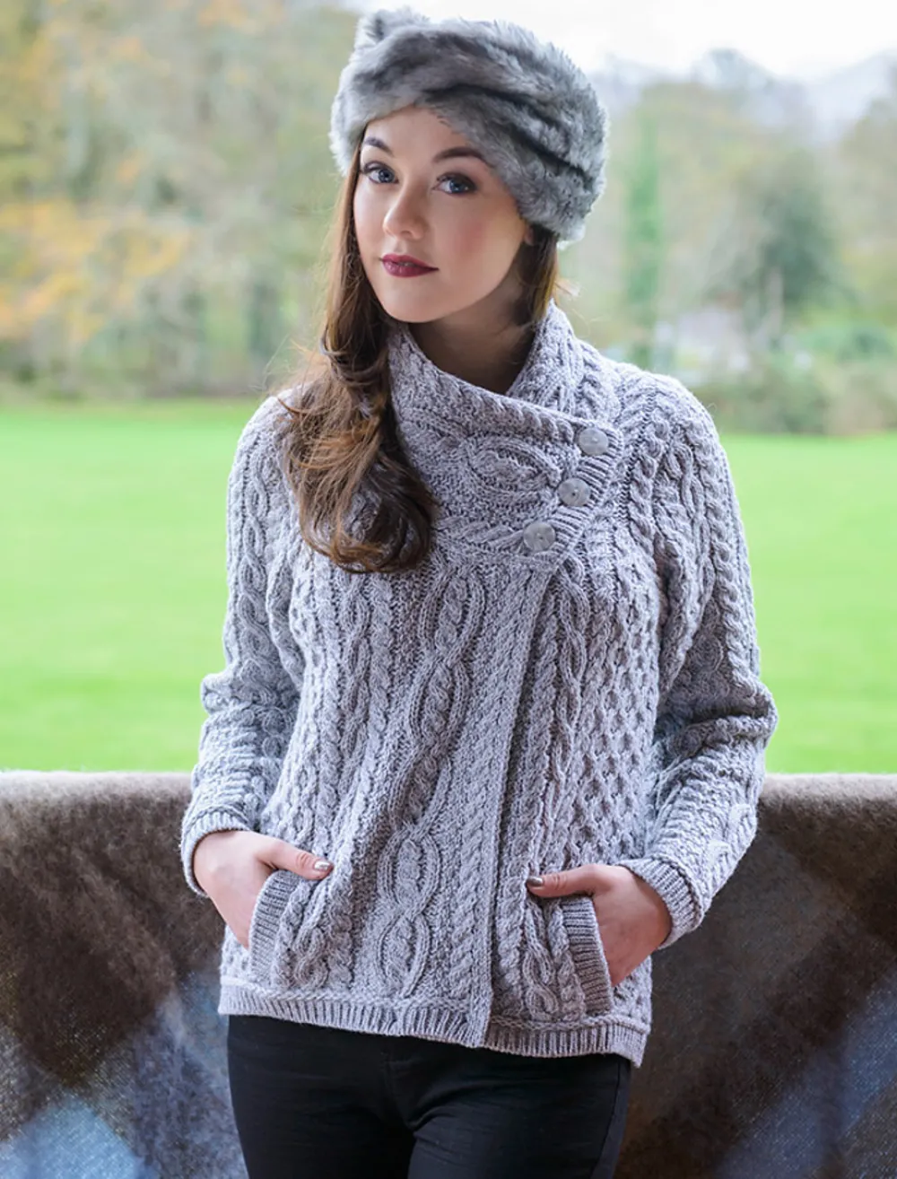 Online Aran Cable Crossover Neck Sweater Women Cardigans, Jackets & Coatigans