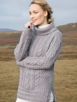 Online Aran Cowl Neck Tunic Sweater Women Sweaters
