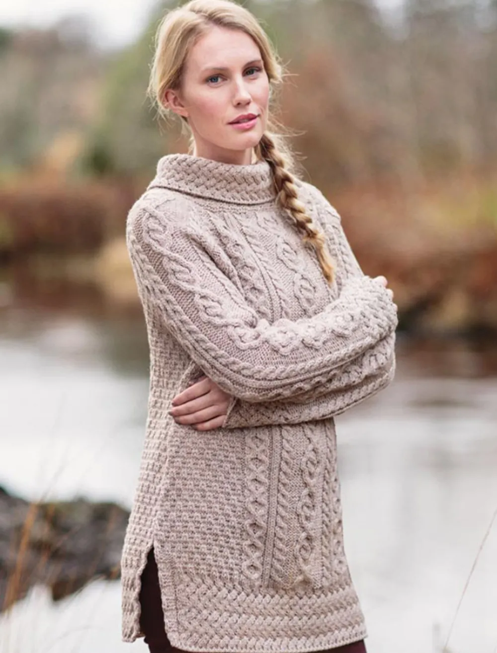 Online Aran Cowl Neck Tunic Sweater Women Sweaters