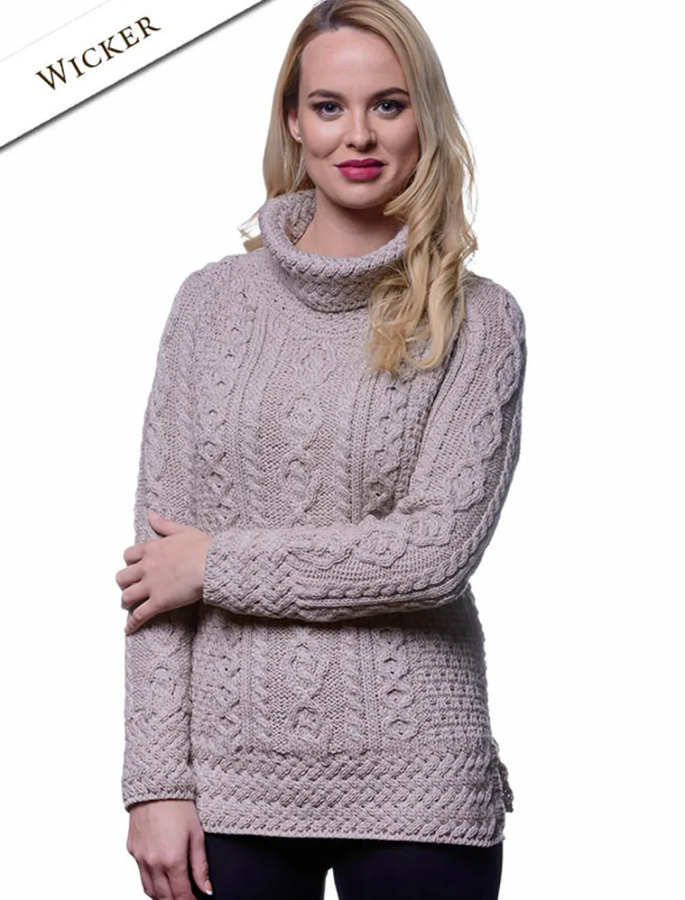 Online Aran Cowl Neck Tunic Sweater Women Sweaters