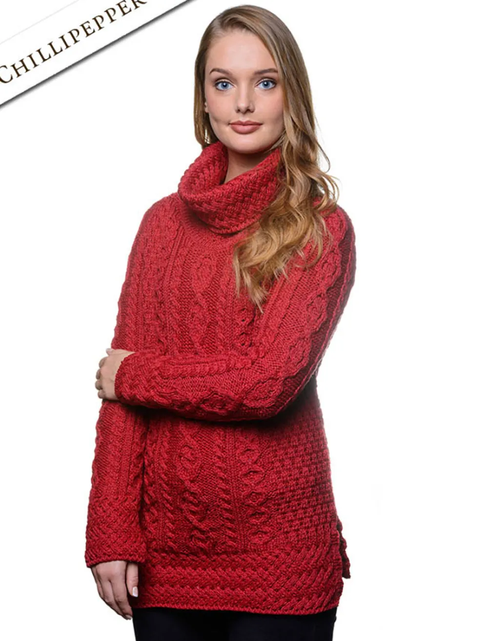 Online Aran Cowl Neck Tunic Sweater Women Sweaters