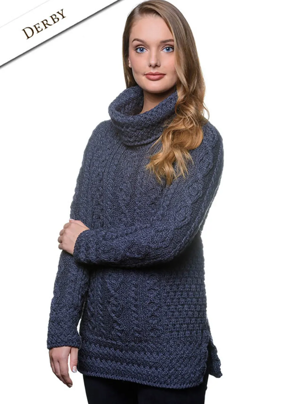 Online Aran Cowl Neck Tunic Sweater Women Sweaters