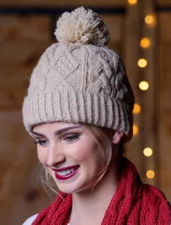 Outlet Aran Fleece Lined Rib Cap with Pom Women Caps & Hats