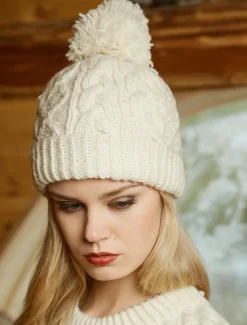 Outlet Aran Fleece Lined Rib Cap with Pom Women Caps & Hats