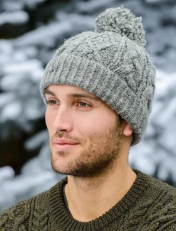 New Aran Fleece Lined Rib Cap with Bobble Irish Wool Hats