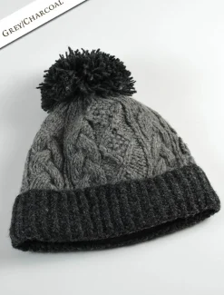 New Aran Fleece Lined Rib Cap with Bobble Irish Wool Hats