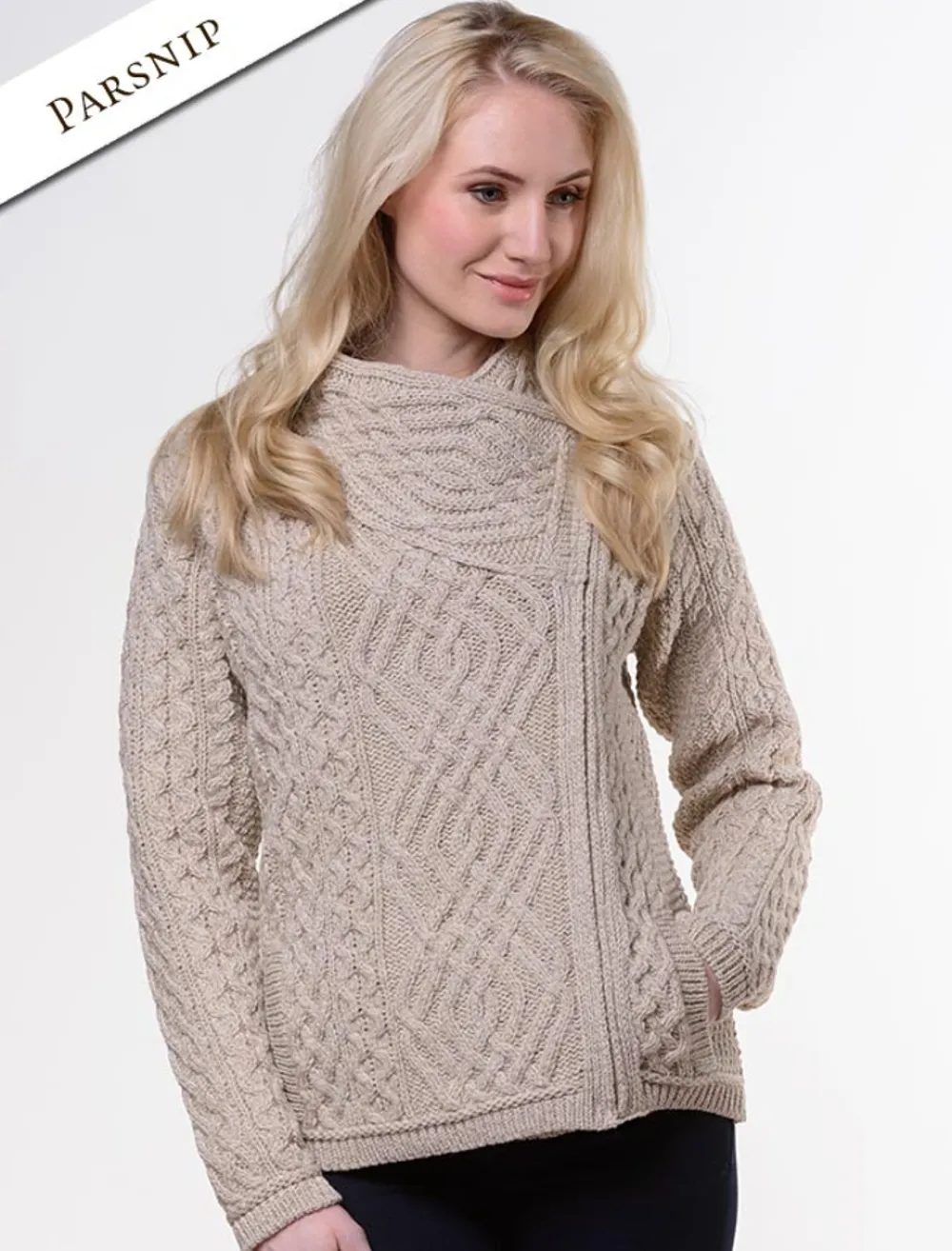 Discount Aran Jacket with Celtic Knot Side Zip Women Cardigans, Jackets & Coatigans