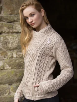 Discount Aran Jacket with Celtic Knot Side Zip Women Cardigans, Jackets & Coatigans