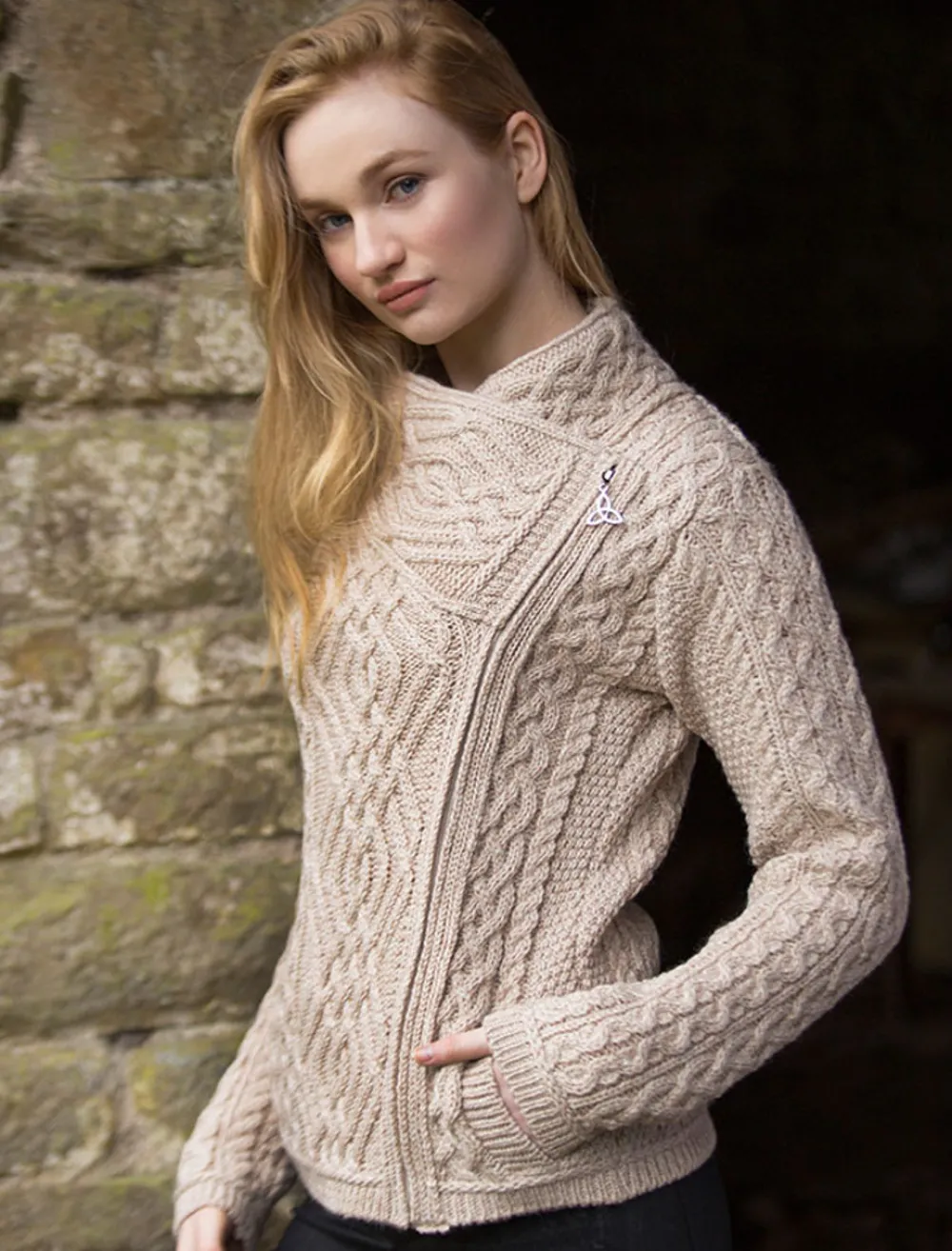 Discount Aran Jacket with Celtic Knot Side Zip Women Cardigans, Jackets & Coatigans