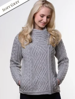 Discount Aran Jacket with Celtic Knot Side Zip Women Cardigans, Jackets & Coatigans