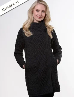 Online Aran Knit Coatigan with Celtic Knot Side Zip Women Cardigans, Jackets & Coatigans