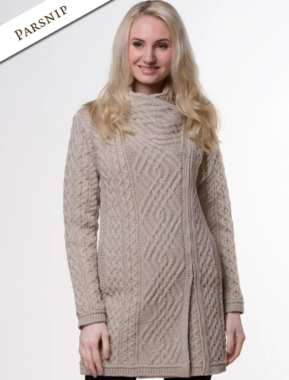 Online Aran Knit Coatigan with Celtic Knot Side Zip Women Cardigans, Jackets & Coatigans