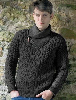 Best Sale Aran Zip Shawl Neck Sweater Sweaters