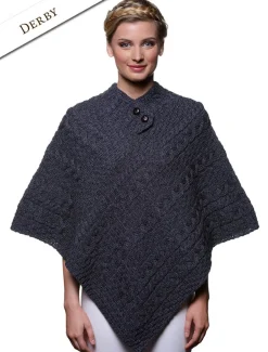 Fashion Cable Aran Poncho With Button Detail Women Ponchos, Capes & Shawls