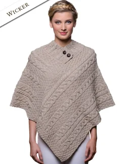 Fashion Cable Aran Poncho With Button Detail Women Ponchos, Capes & Shawls