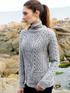 Flash Sale Cable Crew Neck Sweater with Pockets Women Sweaters