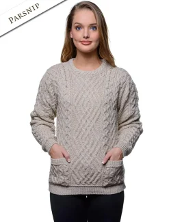 Flash Sale Cable Crew Neck Sweater with Pockets Women Sweaters