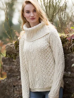 Discount Cowl Button Neck Aran Sweater Women Sweaters