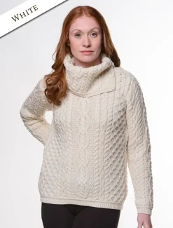 Discount Cowl Button Neck Aran Sweater Women Sweaters