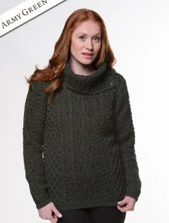 Discount Cowl Button Neck Aran Sweater Women Sweaters