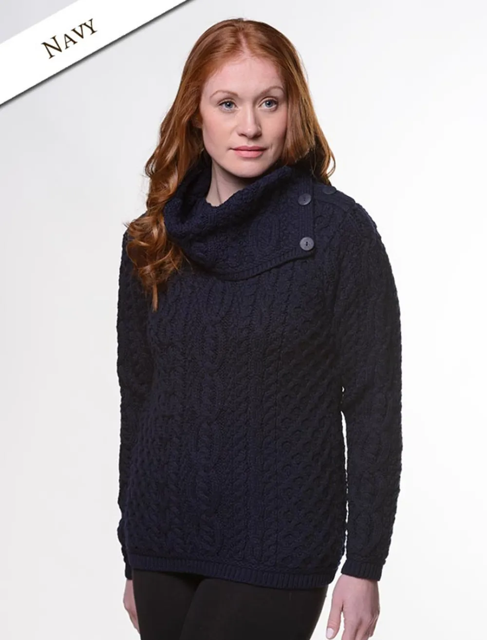 Discount Cowl Button Neck Aran Sweater Women Sweaters
