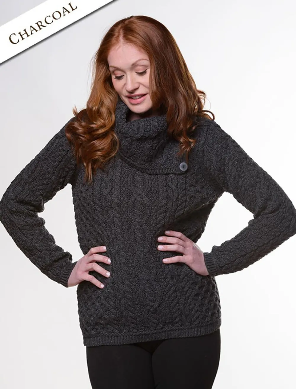 Discount Cowl Button Neck Aran Sweater Women Sweaters