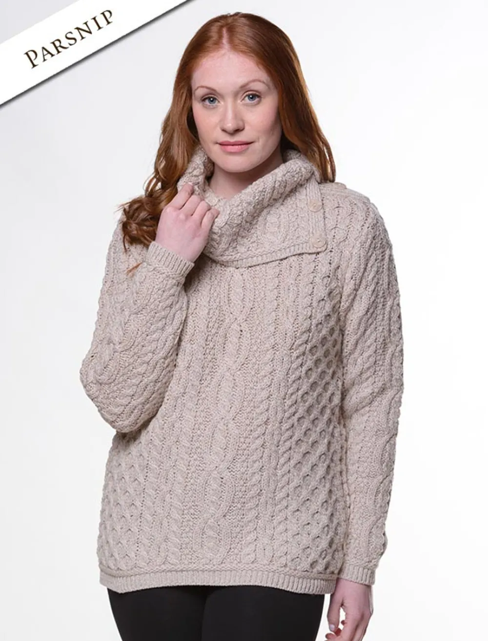 Discount Cowl Button Neck Aran Sweater Women Sweaters