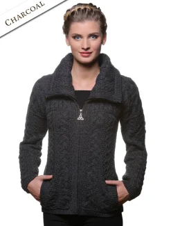 Online Double Collar Zip Merino Aran Cardigan Women Cardigans, Jackets & Coatigans