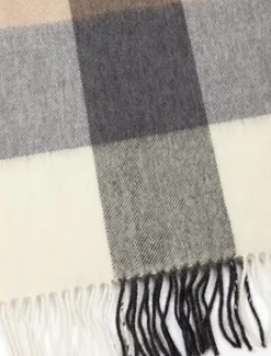 Clearance Fine Merino Check Scarf - Cream Grey Beige Plaid & Tartan Scarves