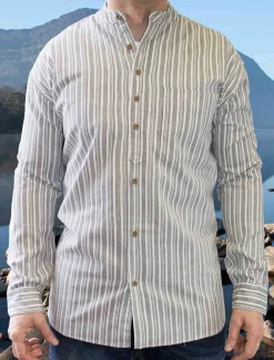 Outlet Heavyweight Grandfather Shirt - Grey Stripe Grandfather Shirts And Waistcoats