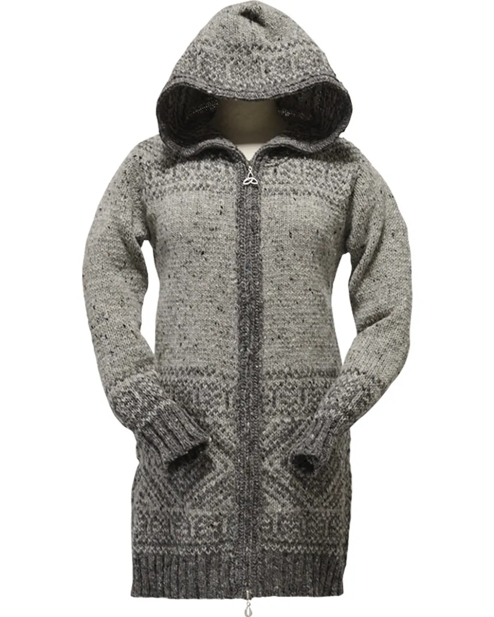 Sale Women's Fair Isle Long Hooded Coatigan with Celtic Knot Zipper Pull Women Cardigans, Jackets & Coatigans